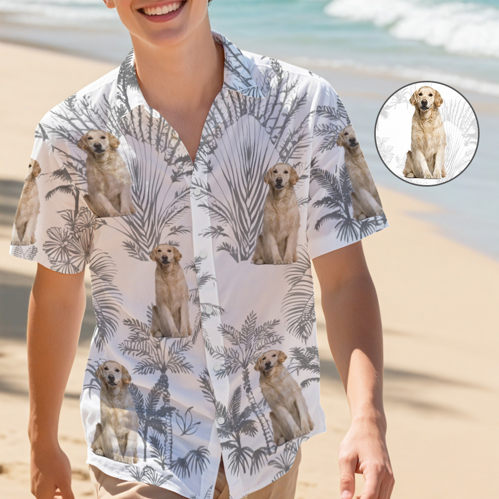 Custom Gray Leaves Dog Lovers Style Hawaiian Shirt Personalized Dog Image Hawaiian Shirt Gift - MyFaceSocksAU