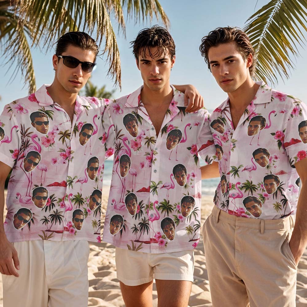 Personalized Women Light Blue Beach Leaves Face Hawaiian Shirt Face Couple Shirt Vacation Gift For Coupl - MyFaceSocksAU