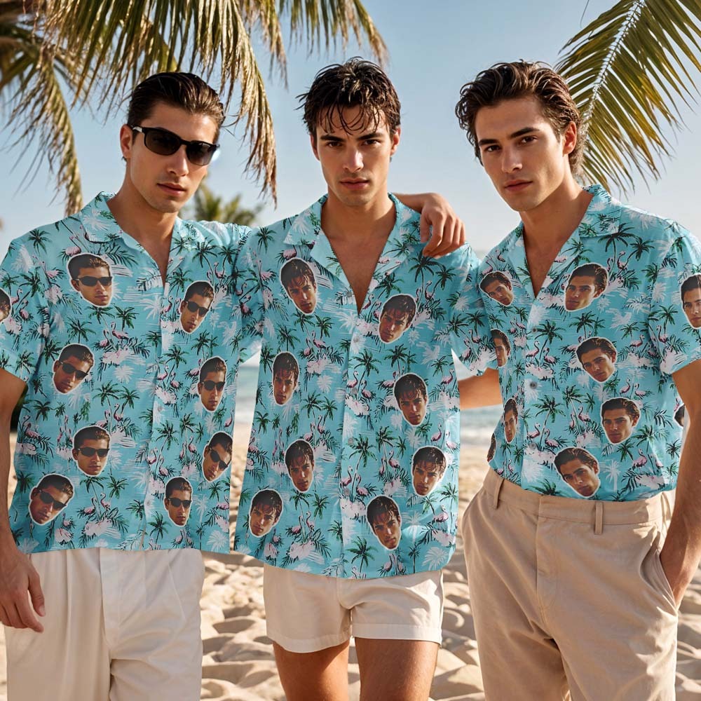 Personalized Women Green Leaves Flamingo Face Hawaiian Shirt  Face Couple Shirt Anniversary Gift For Couple - MyFaceSocksAU