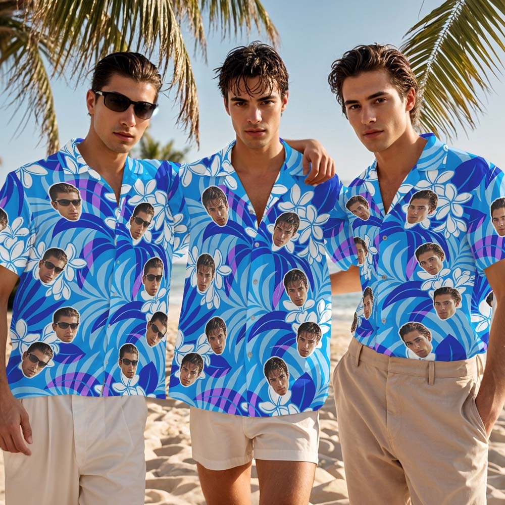 Custom Face Hawaiian Shirt Personalized Blue Flower Hawaiian Shirt Tropical Holiday Gifts - MyFaceSocksAU