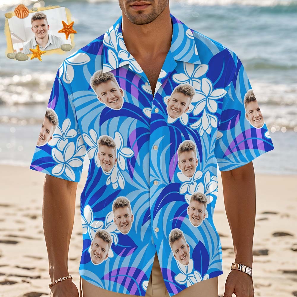 Custom Face Hawaiian Shirt Personalized Blue Flower Hawaiian Shirt Tropical Holiday Gifts - MyFaceSocksAU