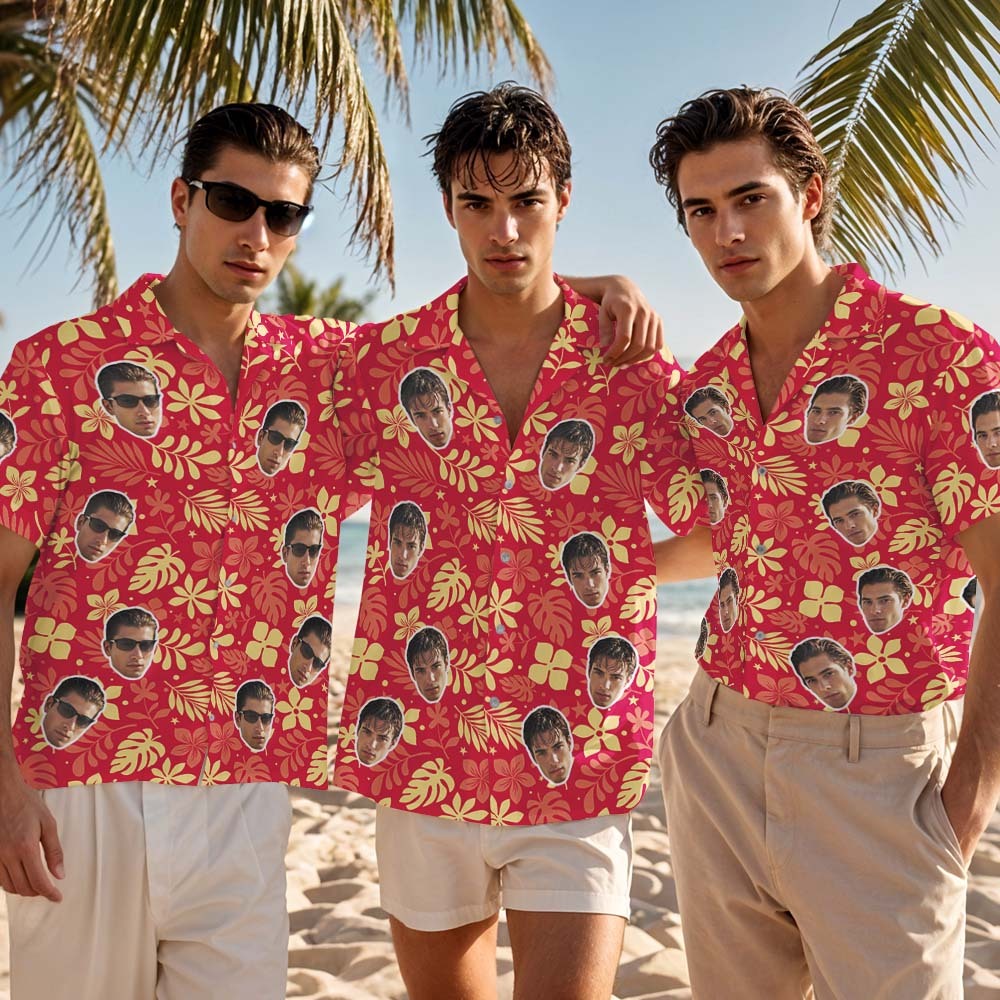 Custom Face Hawaiian Shirt Personalized Red Flower Hawaiian Shirt Tropical Holiday Gifts - MyFaceSocksAU