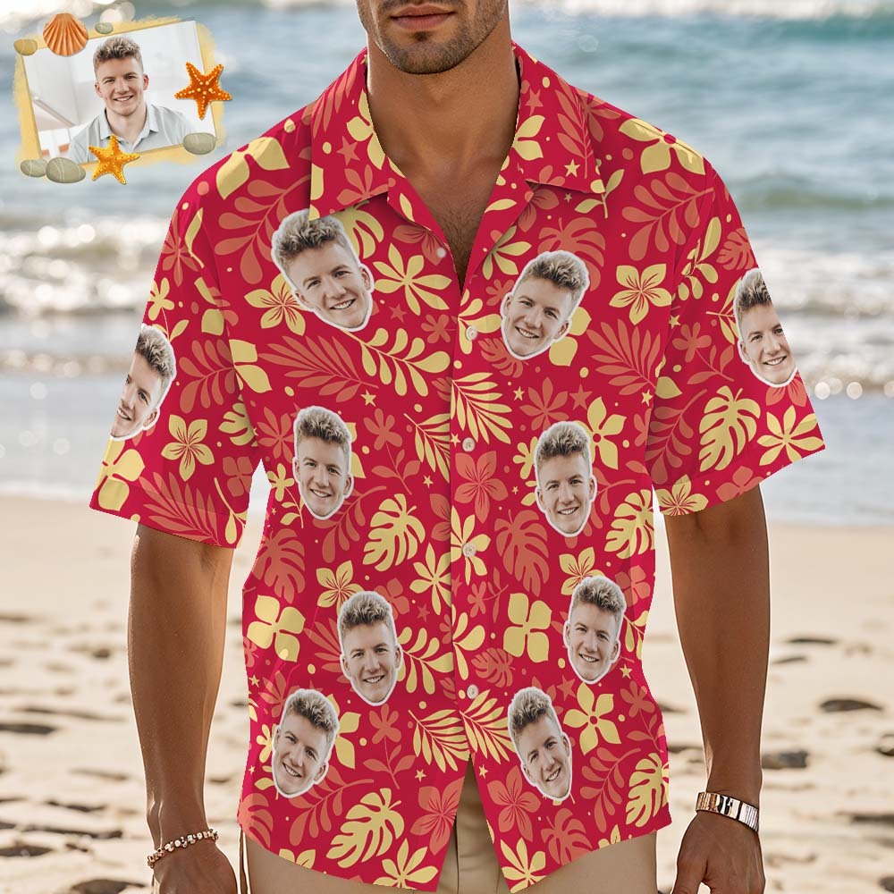 Custom Face Hawaiian Shirt Personalized Red Flower Hawaiian Shirt Tropical Holiday Gifts - MyFaceSocksAU