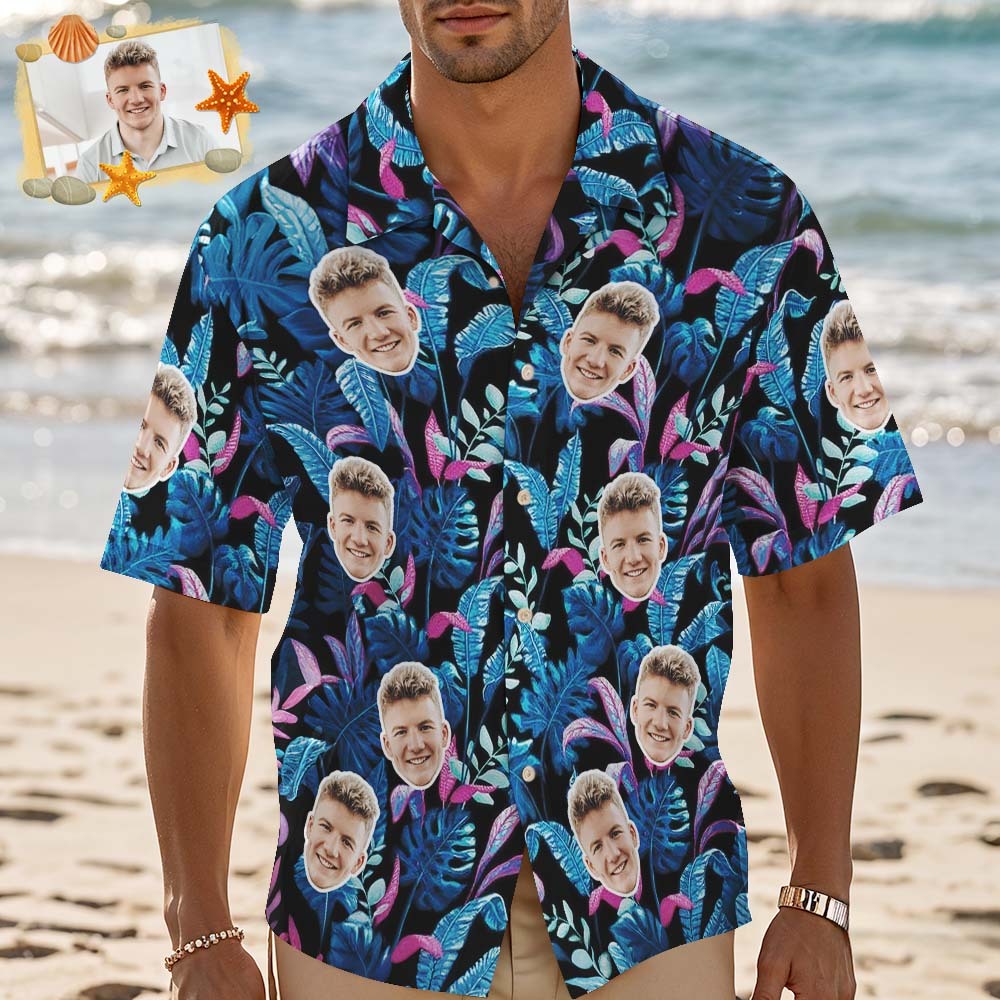 Custom Vacation Shirt Dark Blue Tropical Leaf Hawaiian Shirt Personalized Summer Party Outfit - MyFaceSocksAU