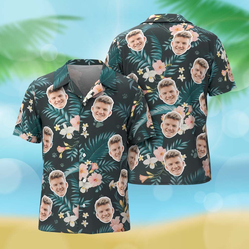 Custom Printed Summer Beach Shirt Dark Green Hawaiian Shirt with Pink Floral Pattern - MyFaceSocksAU