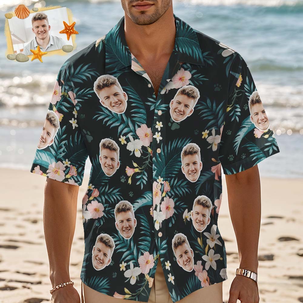 Custom Printed Summer Beach Shirt Dark Green Hawaiian Shirt with Pink Floral Pattern - MyFaceSocksAU