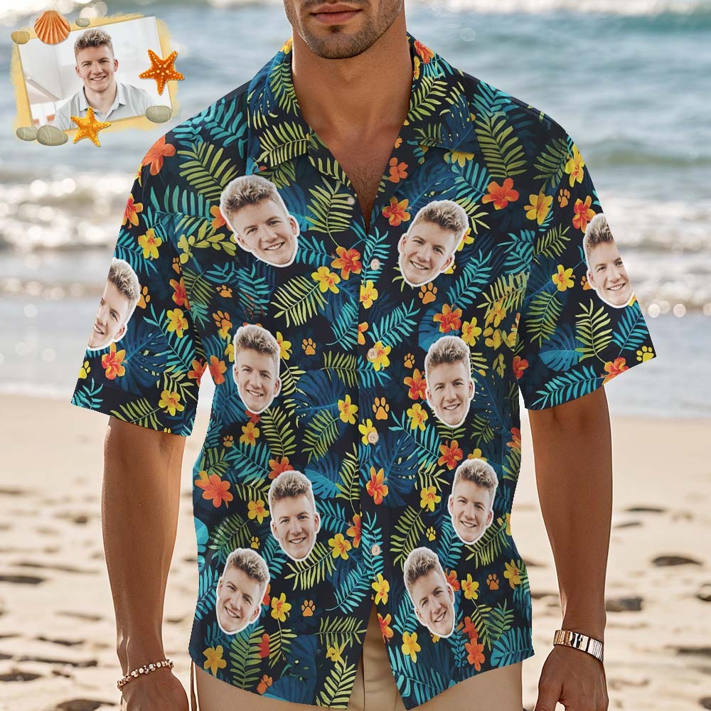 Custom Hawaiian Shirt Green Palm Leaf Floral Hawaiian Shirt Personalized Photo Hawaiian Shirt Funny Vacation Party Shirts - MyFaceSocksAU