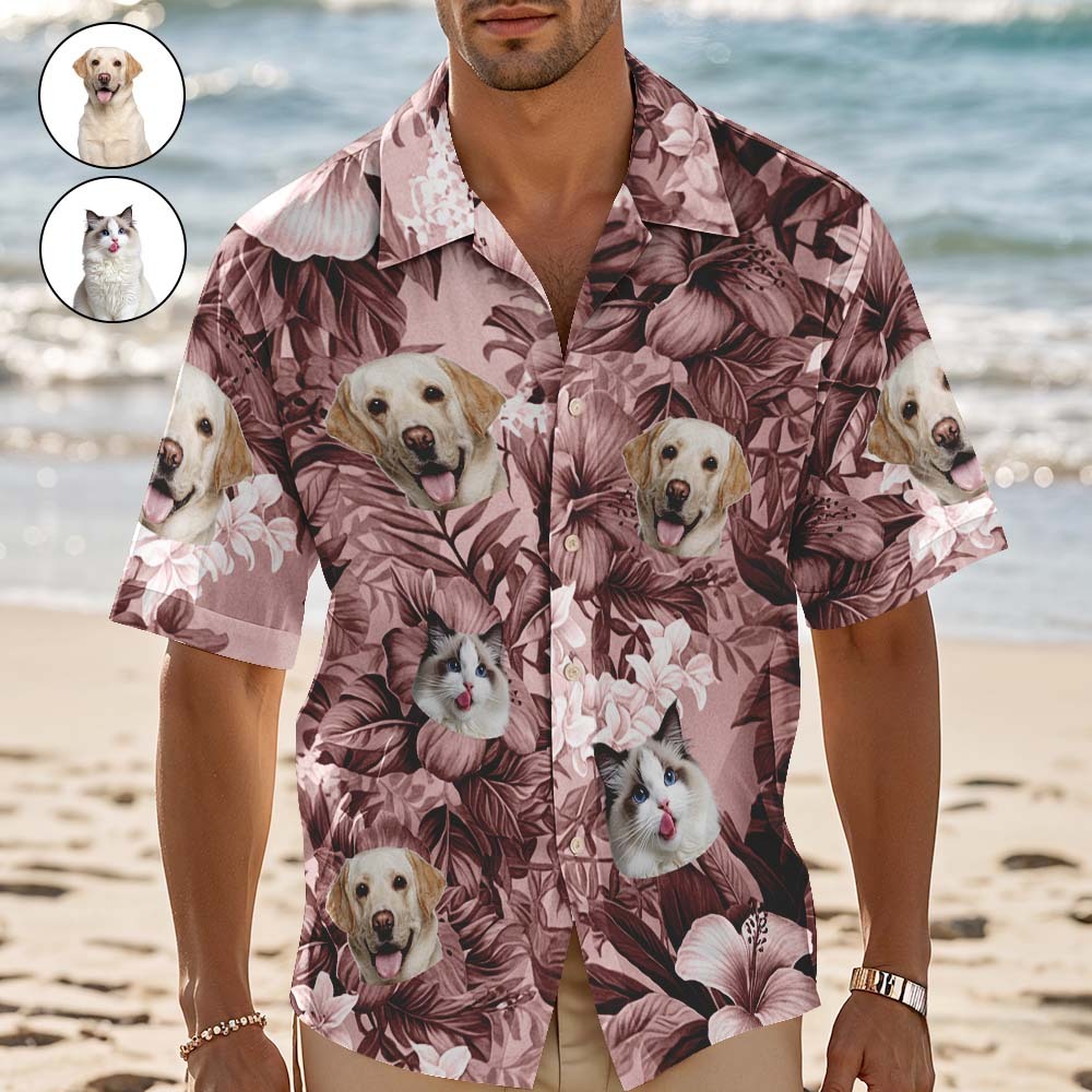 Custom Hawaiian Shirt Pink Leaves Personalized Photo Hawaiian Shirt Funny Vacation Party Shirts For Pets Lovers - MyFaceSocksAU