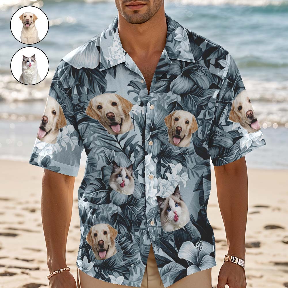 Custom Hawaiian Shirt Blue Leaves Personalized Photo Hawaiian Shirt Funny Vacation Party Shirts For Pets Lovers - MyFaceSocksAU