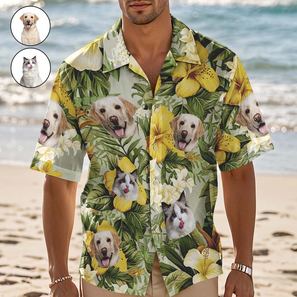 Custom Hawaiian Shirt Yellow Flowers Personalized Photo Hawaiian Shirt Funny Vacation Party Shirts For Pets Lovers - MyFaceSocksAU