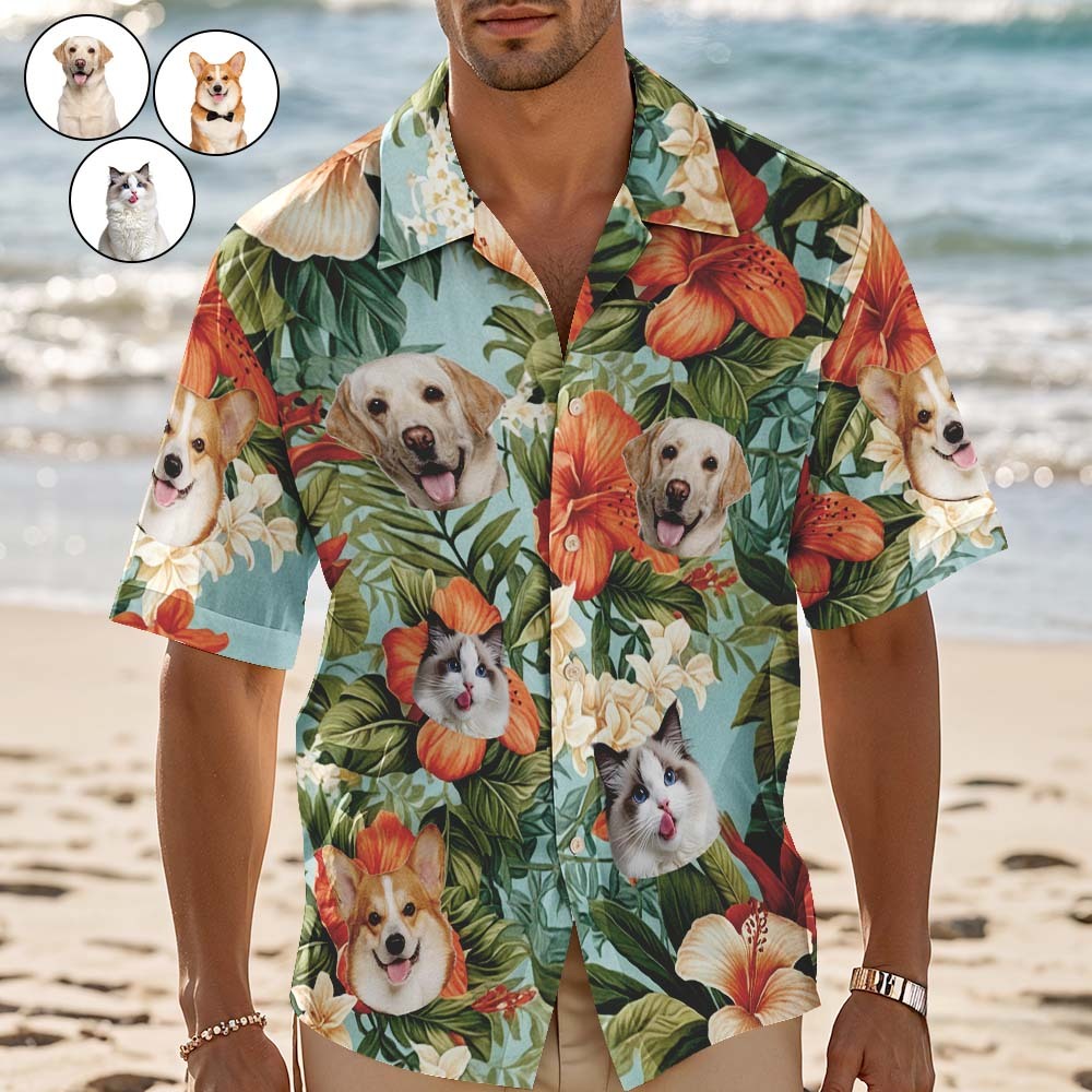 Custom Hawaiian Shirt Red Flowers Personalized Photo Hawaiian Shirt Funny Vacation Party Shirts For Pets Lovers - MyFaceSocksAU