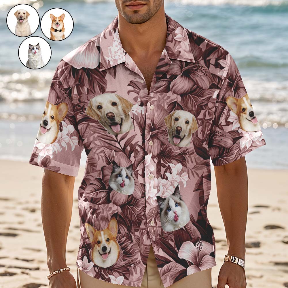 Custom Hawaiian Shirt Pink Leaves Personalized Photo Hawaiian Shirt Funny Vacation Party Shirts For Pets Lovers - MyFaceSocksAU