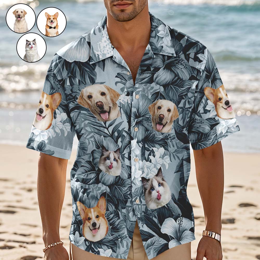 Custom Hawaiian Shirt Blue Leaves Personalized Photo Hawaiian Shirt Funny Vacation Party Shirts For Pets Lovers - MyFaceSocksAU