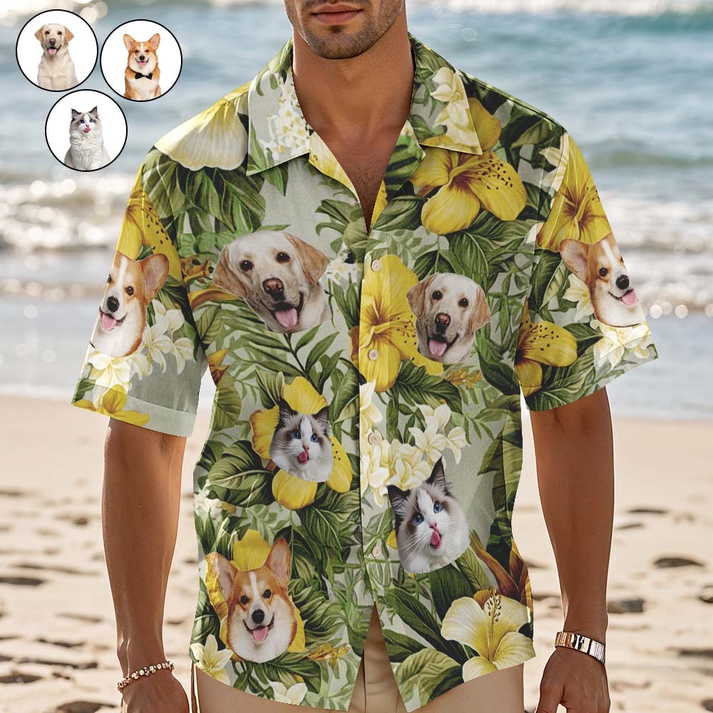 Custom Hawaiian Shirt Yellow Flowers Personalized Photo Hawaiian Shirt Funny Vacation Party Shirts For Pets Lovers - MyFaceSocksAU