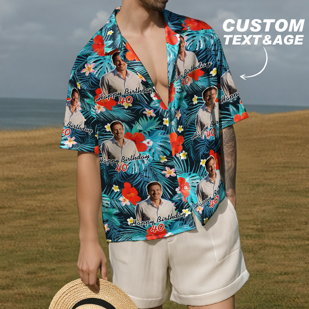 Custom Body Face Birthday Hawaiian Shirt Custom Date and Name Beer Flower and Palm Tree Shirt 5-STYLES - MyFaceSocksAU