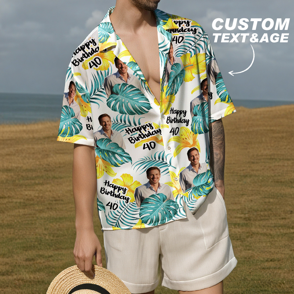 Custom Body Face Birthday Hawaiian Shirt Custom Date and Name Beer Flower and Palm Tree Shirt 5-STYLES - MyFaceSocksAU