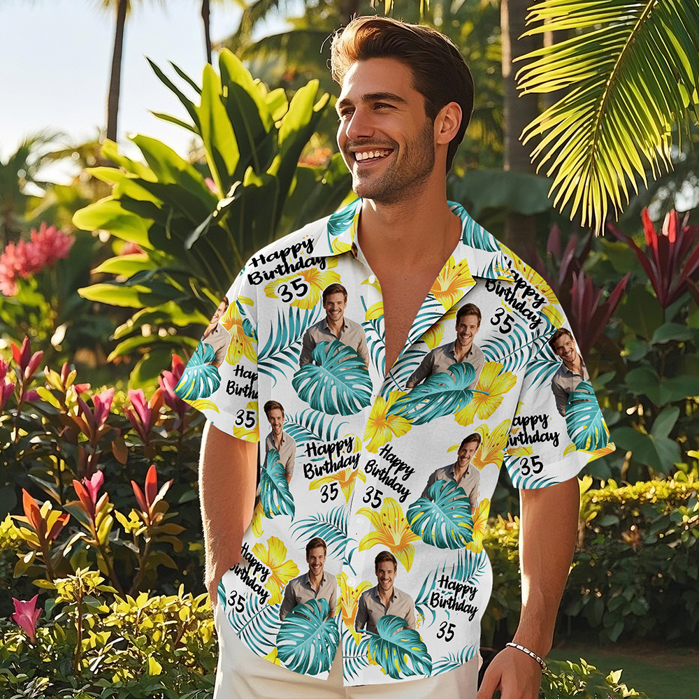 Custom Body Face Birthday Hawaiian Shirt Custom Date and Name Beer Flower and Palm Tree Shirt 5-STYLES - MyFaceSocksAU