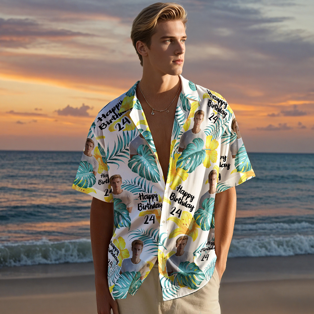 Custom Body Face Birthday Hawaiian Shirt Custom Date and Name Beer Flower and Palm Tree Shirt 5-STYLES - MyFaceSocksAU