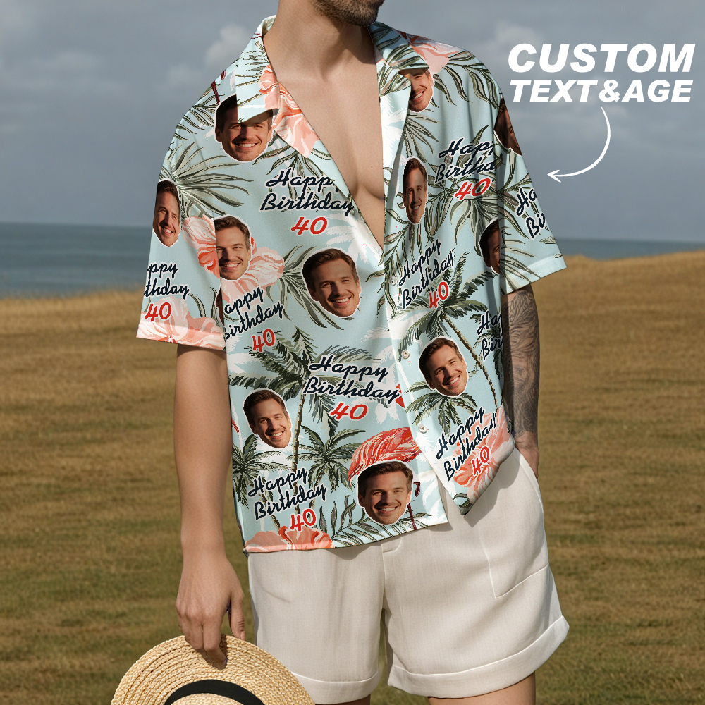 Custom Face Birthday Hawaiian Shirt Funny Date and Name Flower and Palm Tree Shirt 5-STYLES