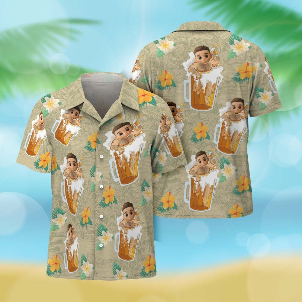 Custom Cartoon Face All Over Print Hawaiian Shirt Flamingo Flowers And Leaves - MyFaceSocksAU