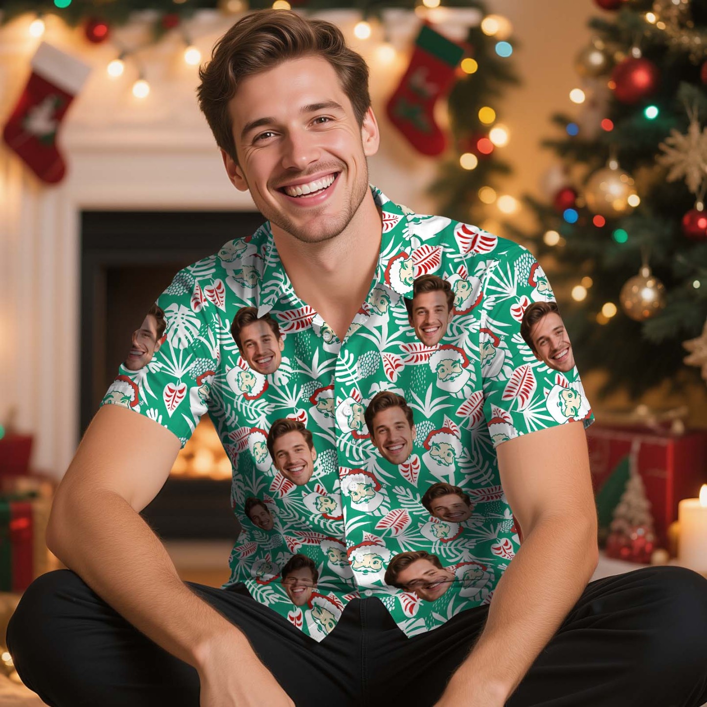 Custom Face Christmas Shirt Green Christmas Ball Hawaiian Shirt Xmas Gift for Family Friends Personalized Face Hawaiian Shirt Gift - MyFaceSocksAU