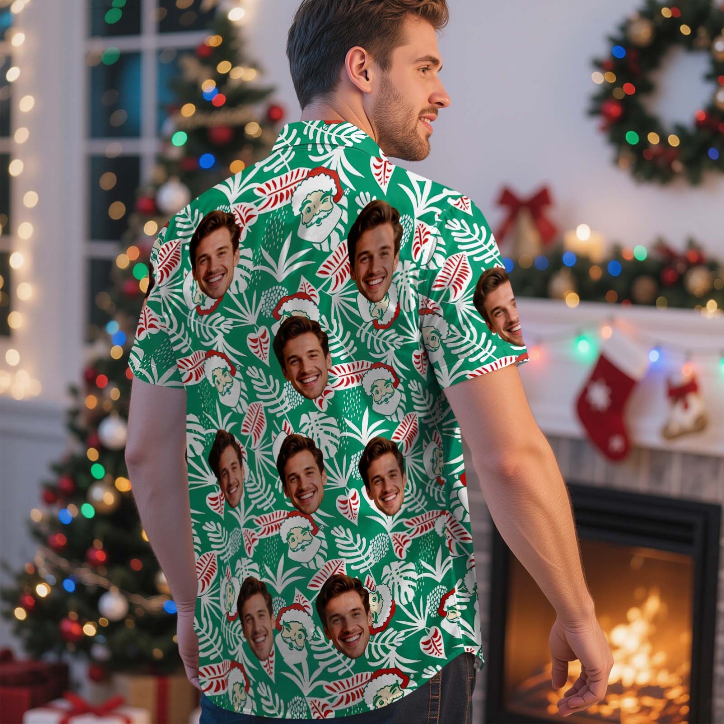 Custom Face Christmas Shirt Green Christmas Ball Hawaiian Shirt Xmas Gift for Family Friends Personalized Face Hawaiian Shirt Gift - MyFaceSocksAU