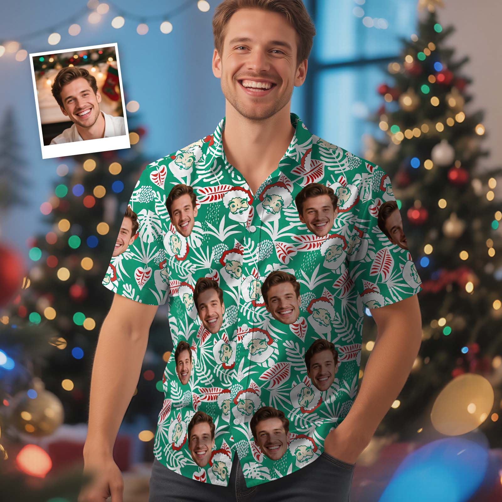 Custom Face Christmas Shirt Green Santa Claus Christmas Hawaiian Shirt Xmas Gift for Family Friends Personalized Face Hawaiian Shirt Gift