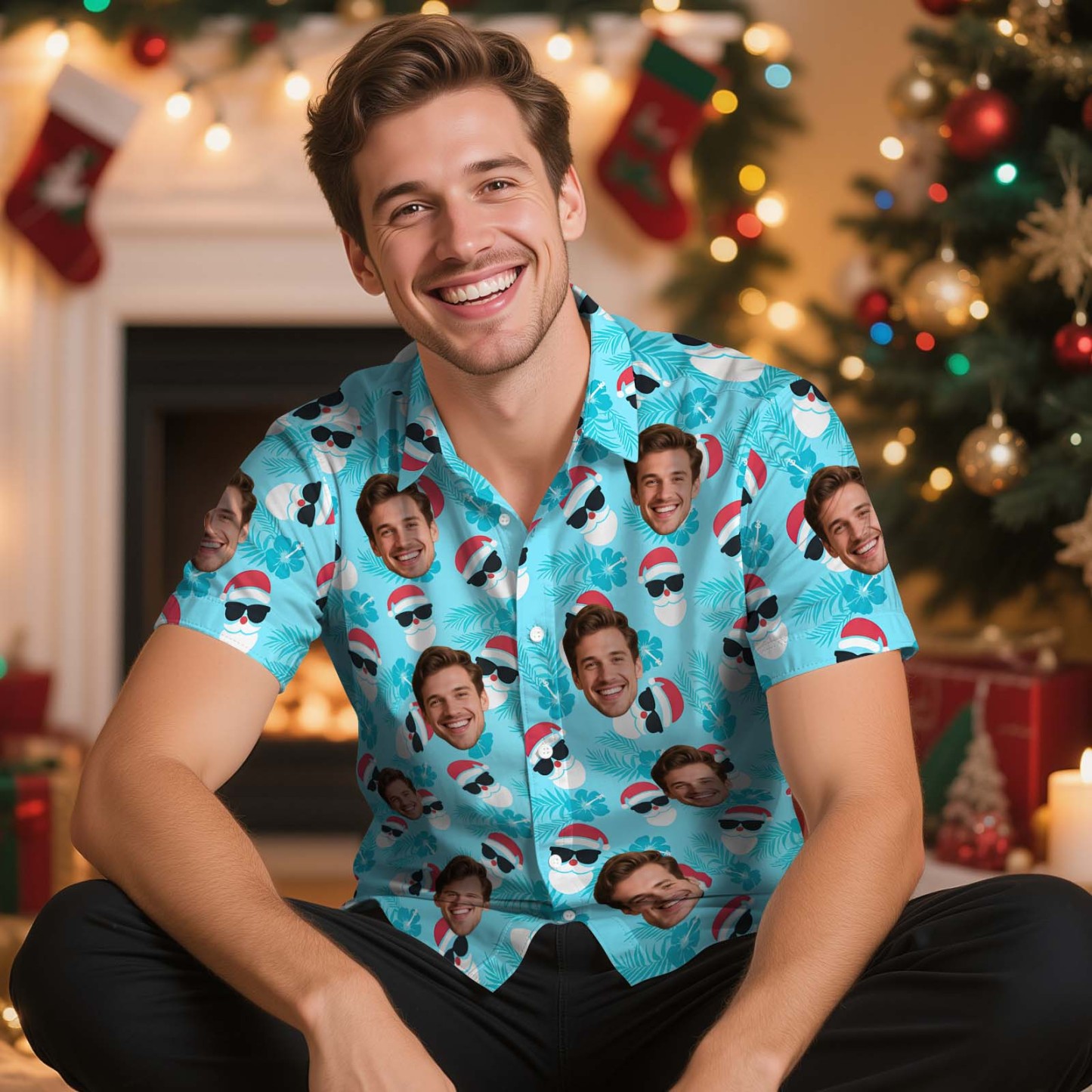 Custom Face Christmas Shirt Green Christmas Ball Hawaiian Shirt Xmas Gift for Family Friends Personalized Face Hawaiian Shirt Gift - MyFaceSocksAU