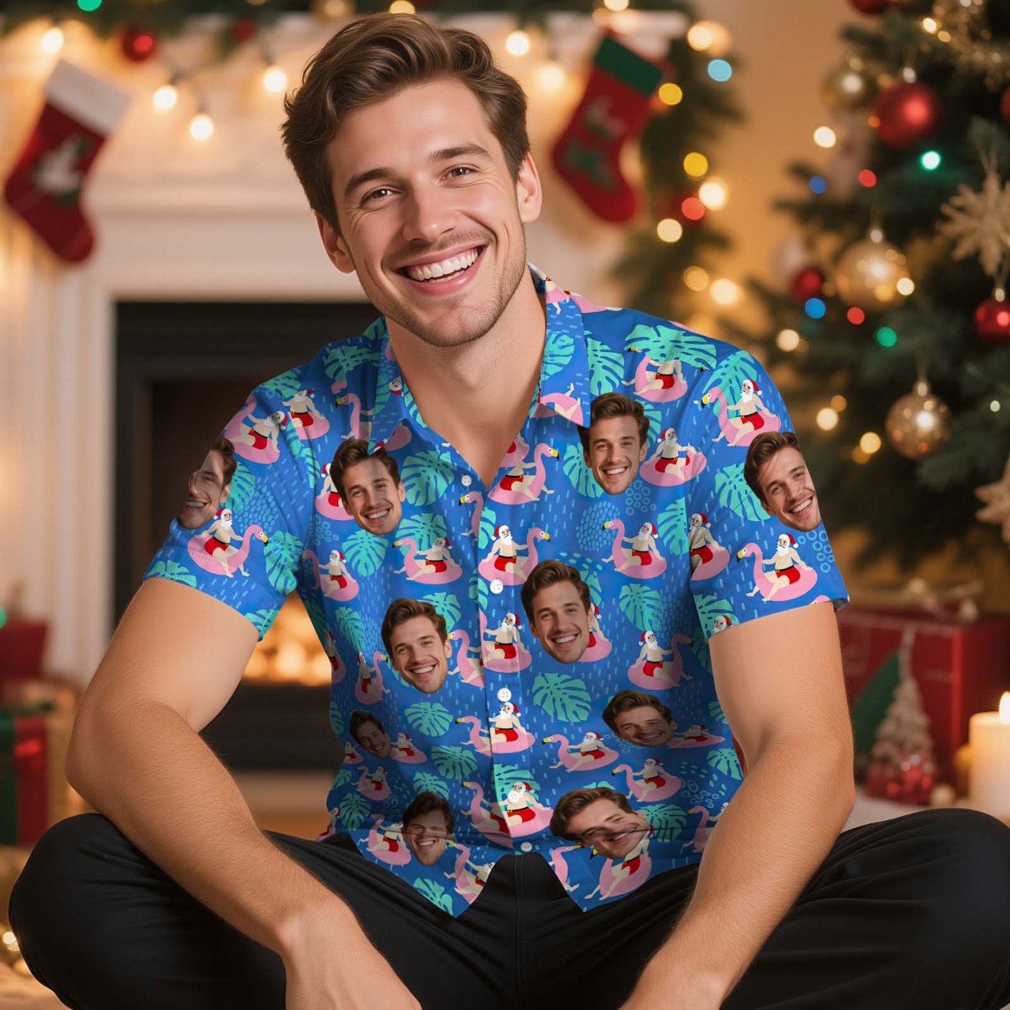 Custom Face Christmas Shirt Green Christmas Ball Hawaiian Shirt Xmas Gift for Family Friends Personalized Face Hawaiian Shirt Gift - MyFaceSocksAU