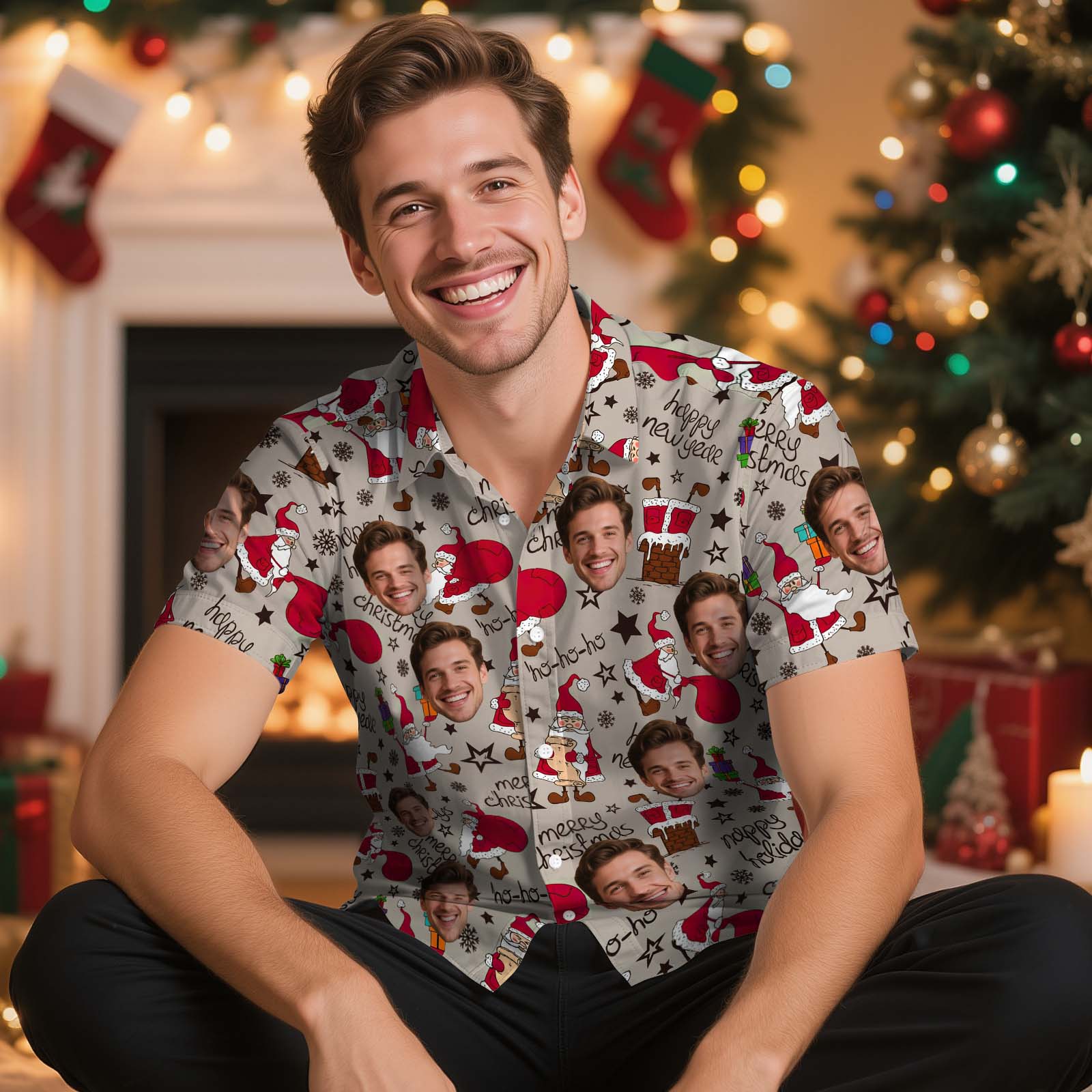 Custom Face Christmas Shirt Merry Christmas Hawaiian Shirt Xmas Gift for Family Friends Personalized Face Hawaiian Shirt Gift