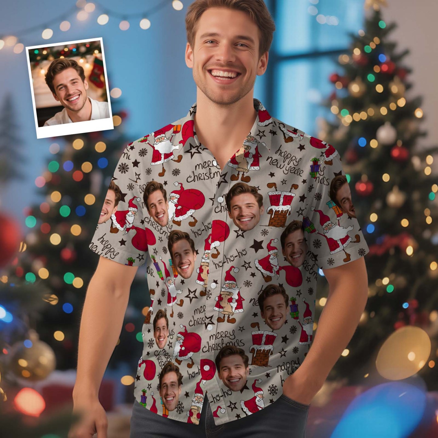 Custom Face Christmas Shirt Green Christmas Ball Hawaiian Shirt Xmas Gift for Family Friends Personalized Face Hawaiian Shirt Gift - MyFaceSocksAU