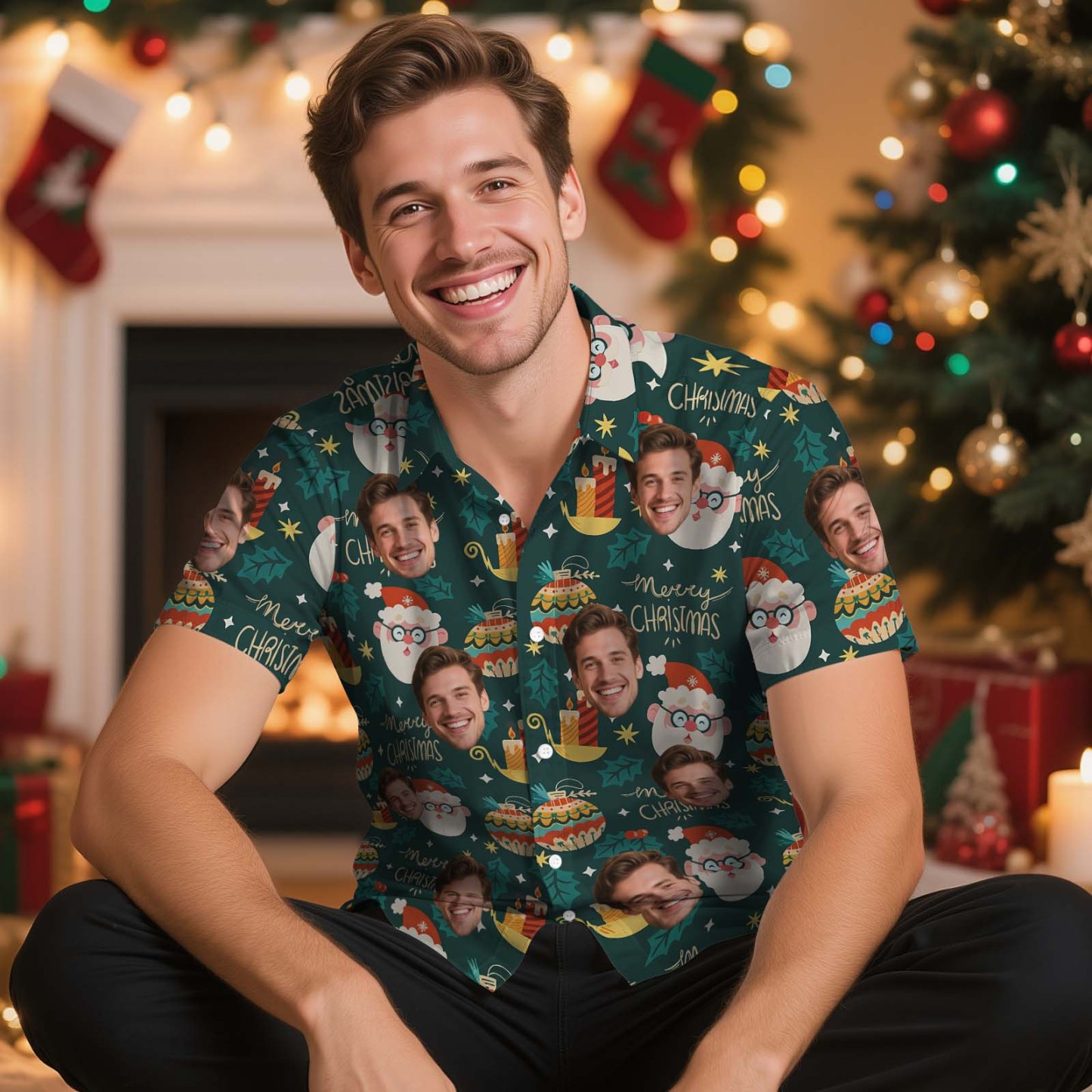 Custom Face Christmas Shirt Green Christmas Ball Hawaiian Shirt Xmas Gift for Family Friends Personalized Face Hawaiian Shirt Gift - MyFaceSocksAU