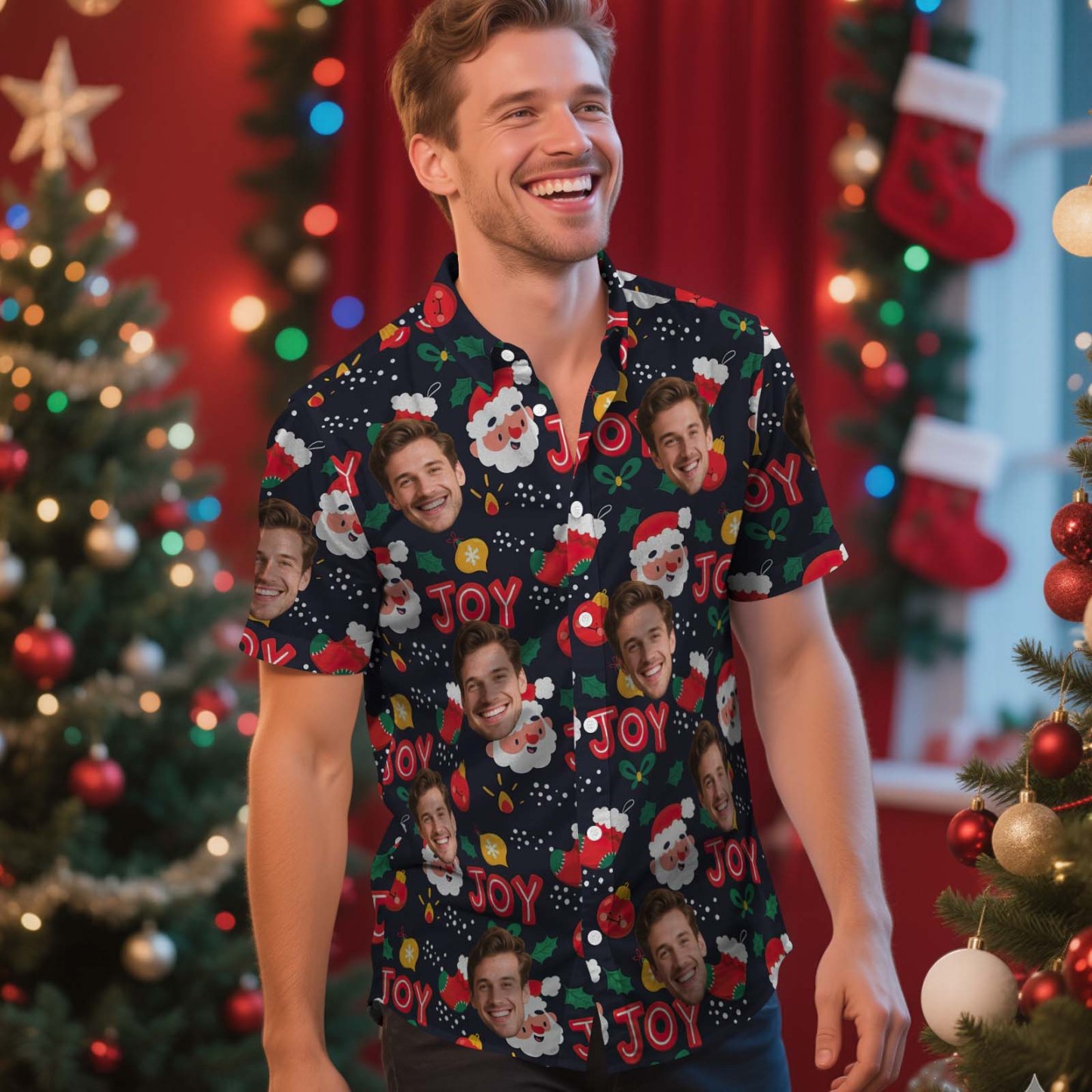 Custom Face Christmas Shirt Green Christmas Ball Hawaiian Shirt Xmas Gift for Family Friends Personalized Face Hawaiian Shirt Gift - MyFaceSocksAU