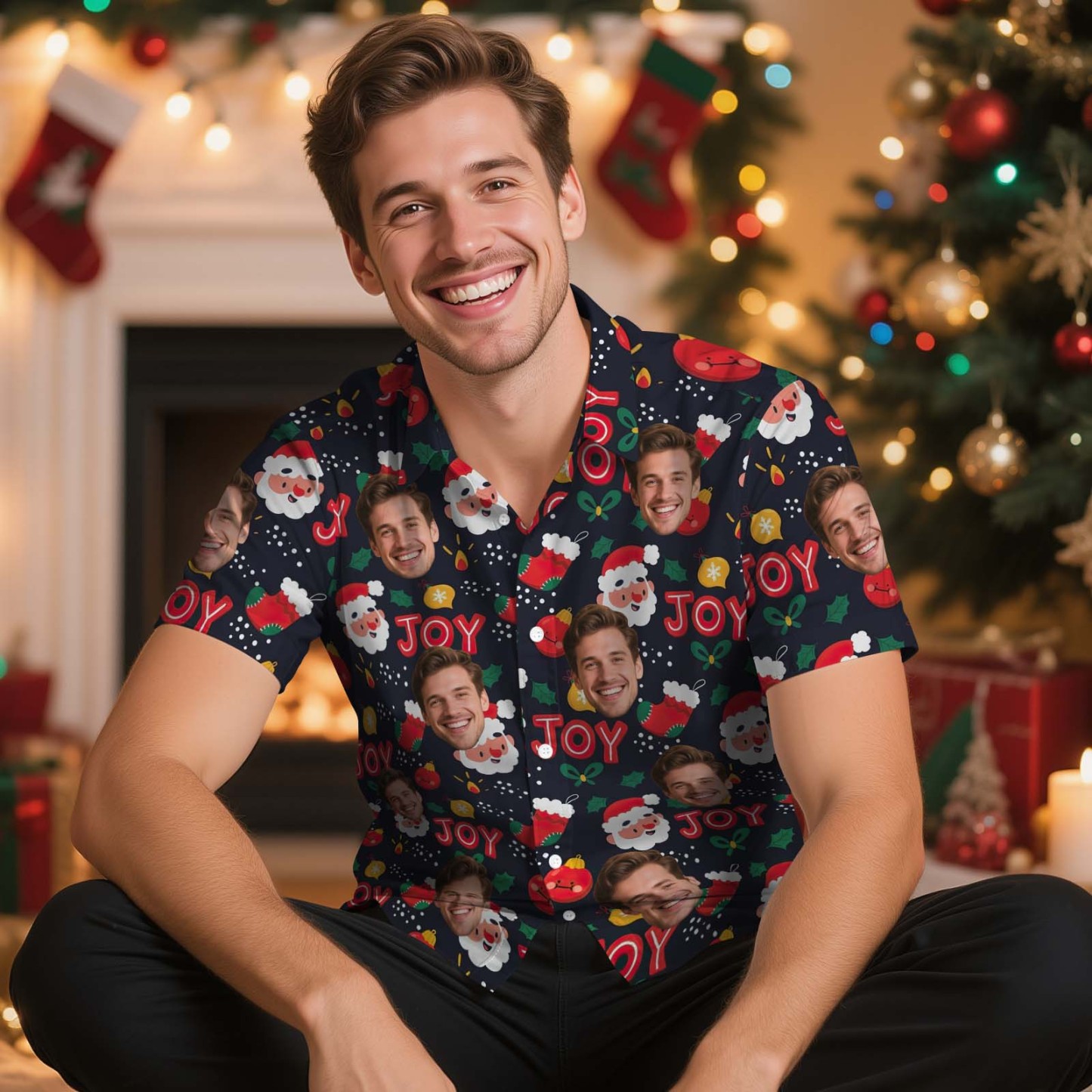 Custom Face Christmas Shirt Green Christmas Ball Hawaiian Shirt Xmas Gift for Family Friends Personalized Face Hawaiian Shirt Gift - MyFaceSocksAU