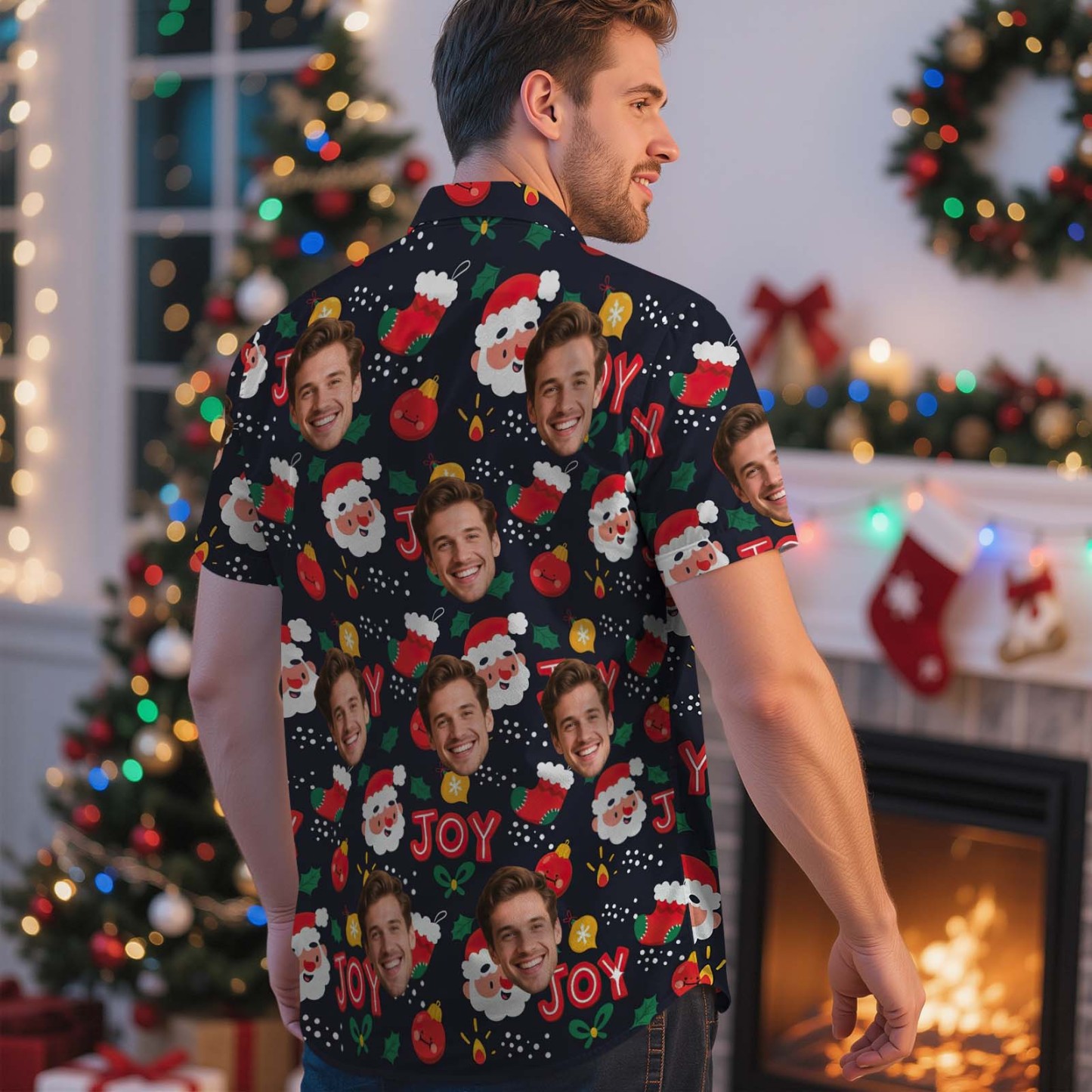 Custom Face Christmas Shirt Green Christmas Ball Hawaiian Shirt Xmas Gift for Family Friends Personalized Face Hawaiian Shirt Gift - MyFaceSocksAU