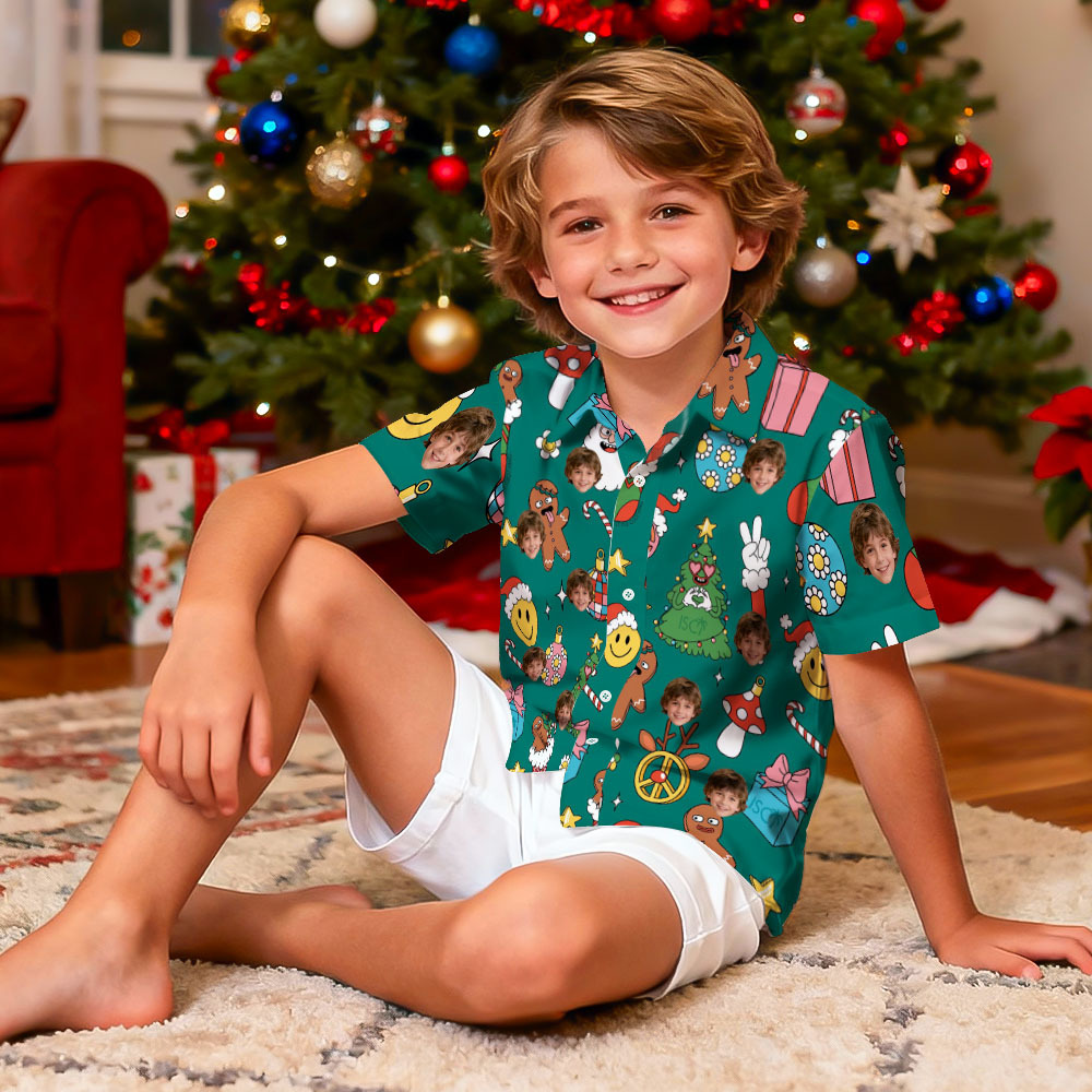 Custom Funny Christmas Light Kids Shirt Personalized Hawaiian Shirt with Face Custom Kids Photo Hawaiian Shirt Gift - MyFaceSocksAU
