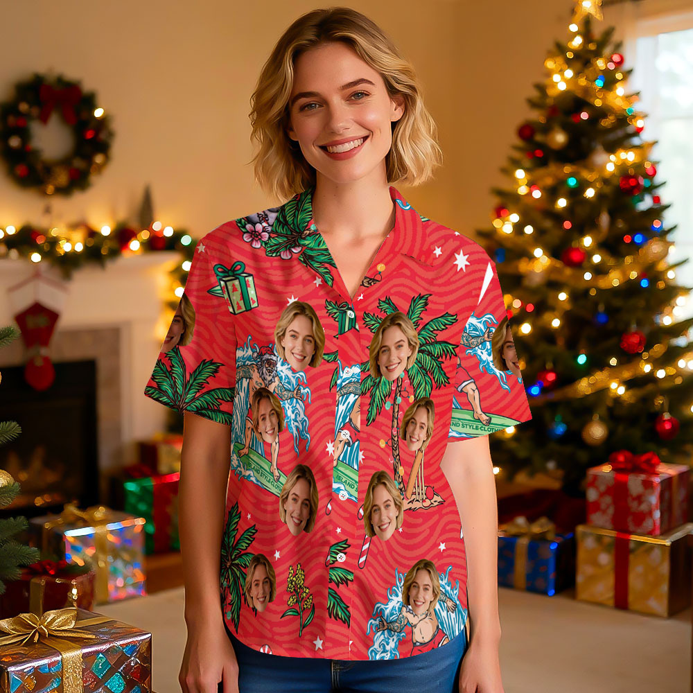 Custom Funny Wine Glass Christmas Lights Face Shirt Personalized Hawaiian Shirt With Face Custom Women Photo Hawaiian Shirt Aloha Shirt Holiday Gift - MyFaceSocksAU