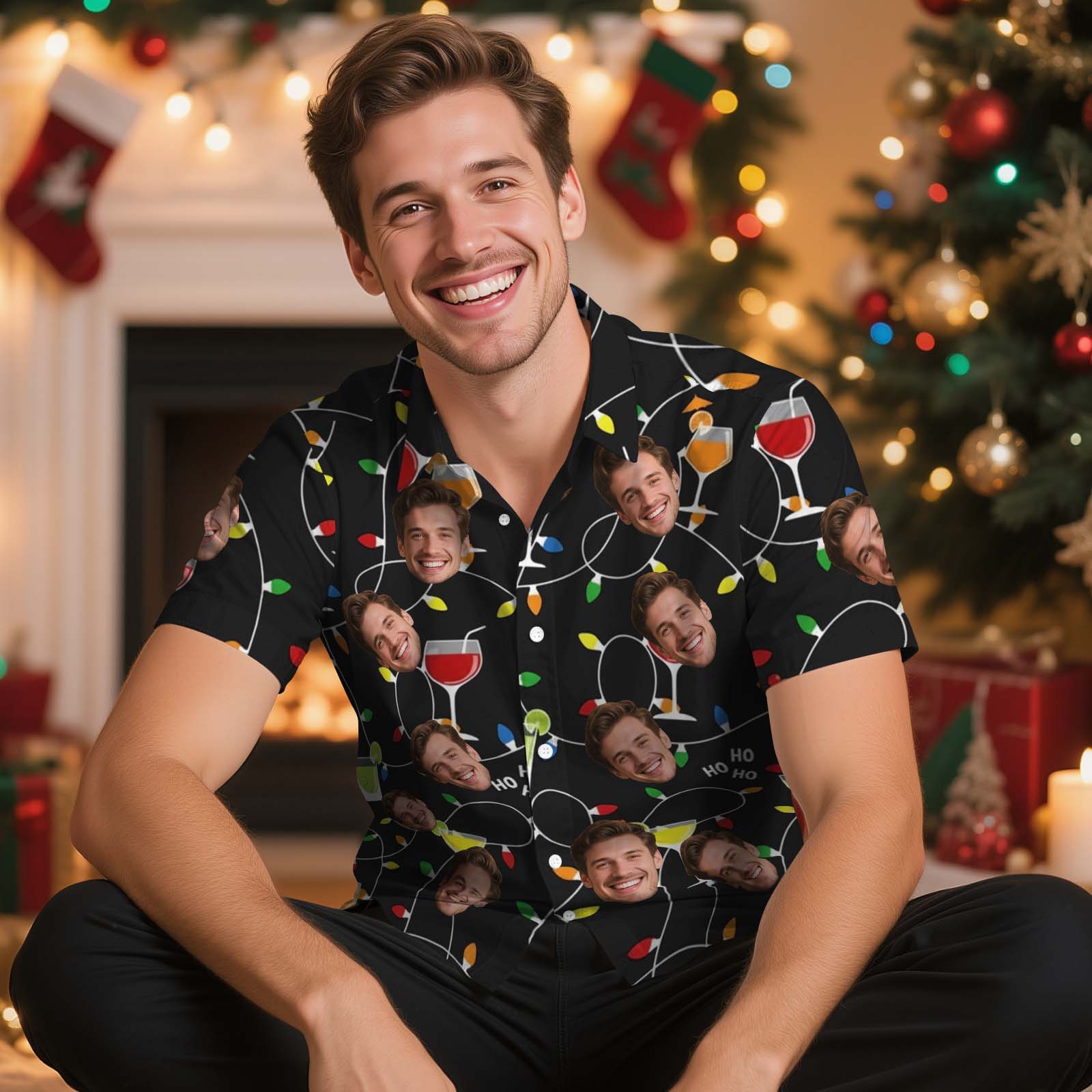 Custom Funny Wine Glass Christmas Lights Face Shirt Personalized Men Hawaiian Shirt With Face Photo Hawaiian Shirt Aloha Shirt Christmas Gift