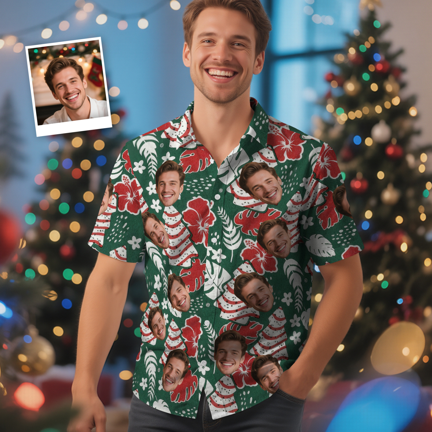 Custom Face Green Tree Hawaiian Shirt Personalized Men Hawaiian Shirt With Face Photo Hawaiian Shirt Aloha Shirt Christmas Gift - MyFaceSocksAU