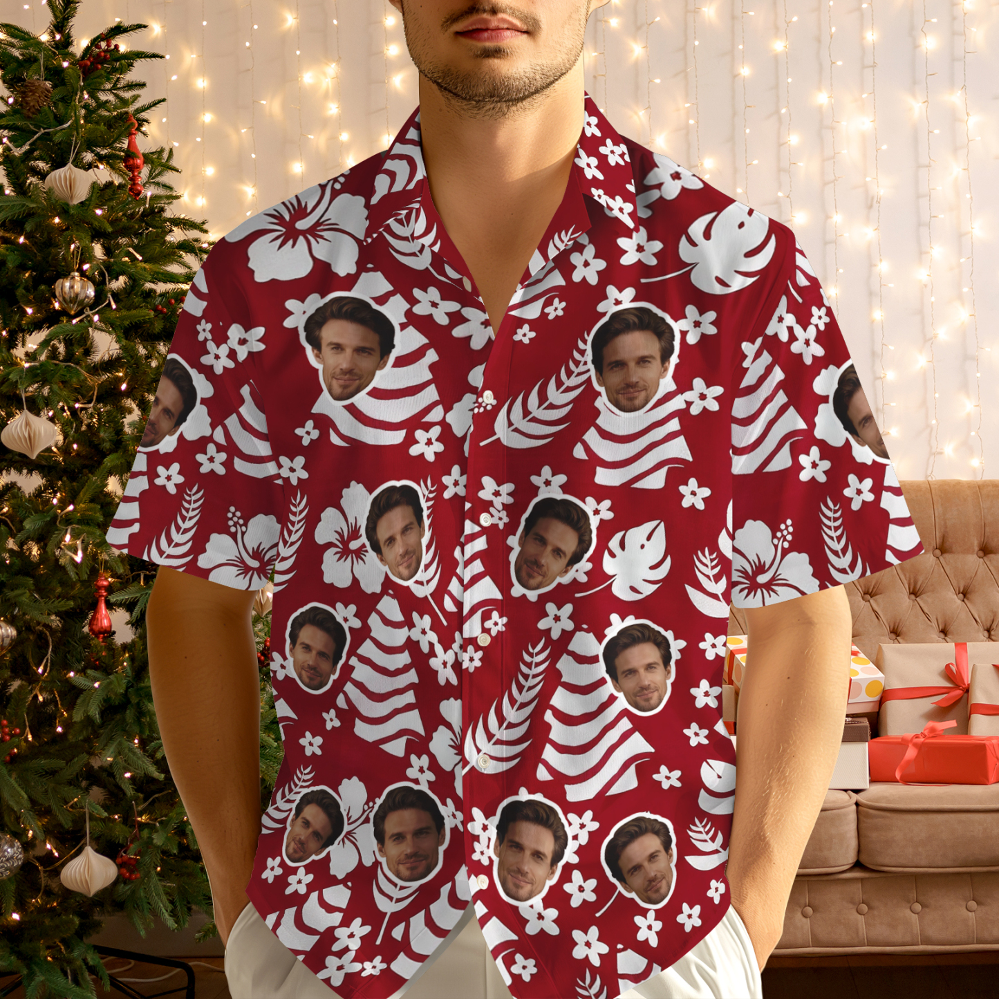 Custom Face Green Tree Hawaiian Shirt Personalized Men Hawaiian Shirt With Face Photo Hawaiian Shirt Aloha Shirt Christmas Gift - MyFaceSocksAU