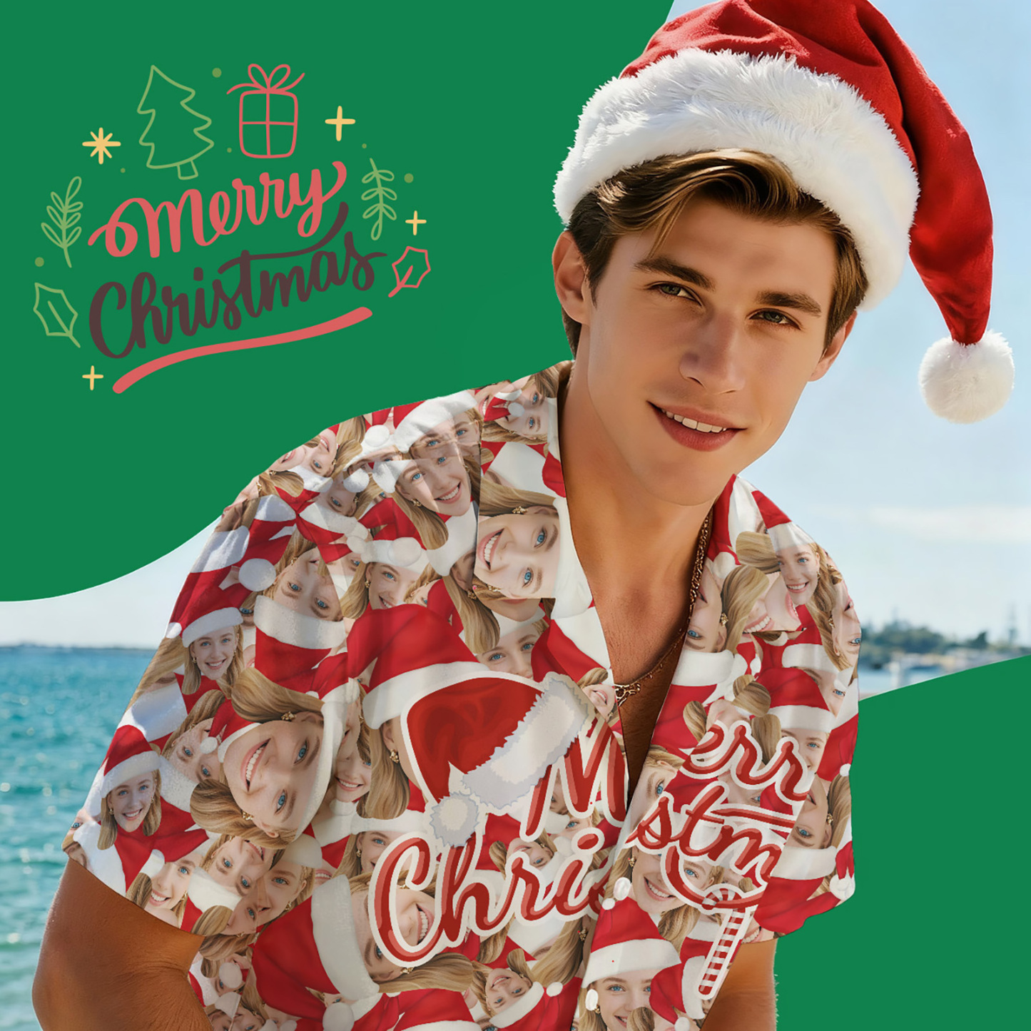 Personalized Face Hawaiian Shirt Merry Christmas Gift  Custom Photo Floral Hawaiian Shirt Xmas Holiday Gift - MyFaceSocksAU