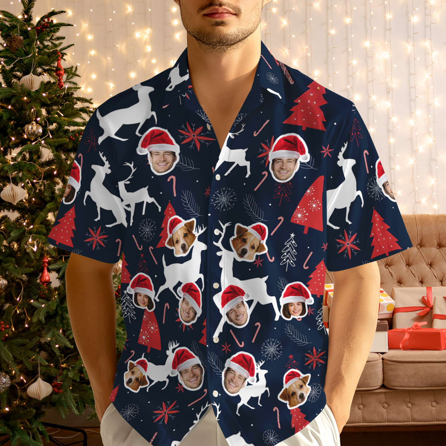 Custom Christmas Reindeer Hawaiian Shirt Merry Christmas Face Hawaiian Shirt Gift for Family Friends Xmas Gift - MyFaceSocksAU