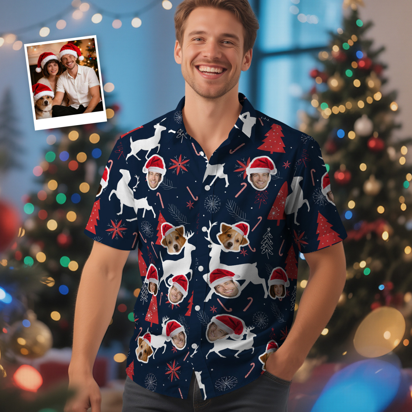 Custom Christmas Reindeer Hawaiian Shirt Merry Christmas Face Hawaiian Shirt Gift for Family Friends Xmas Gift - MyFaceSocksAU