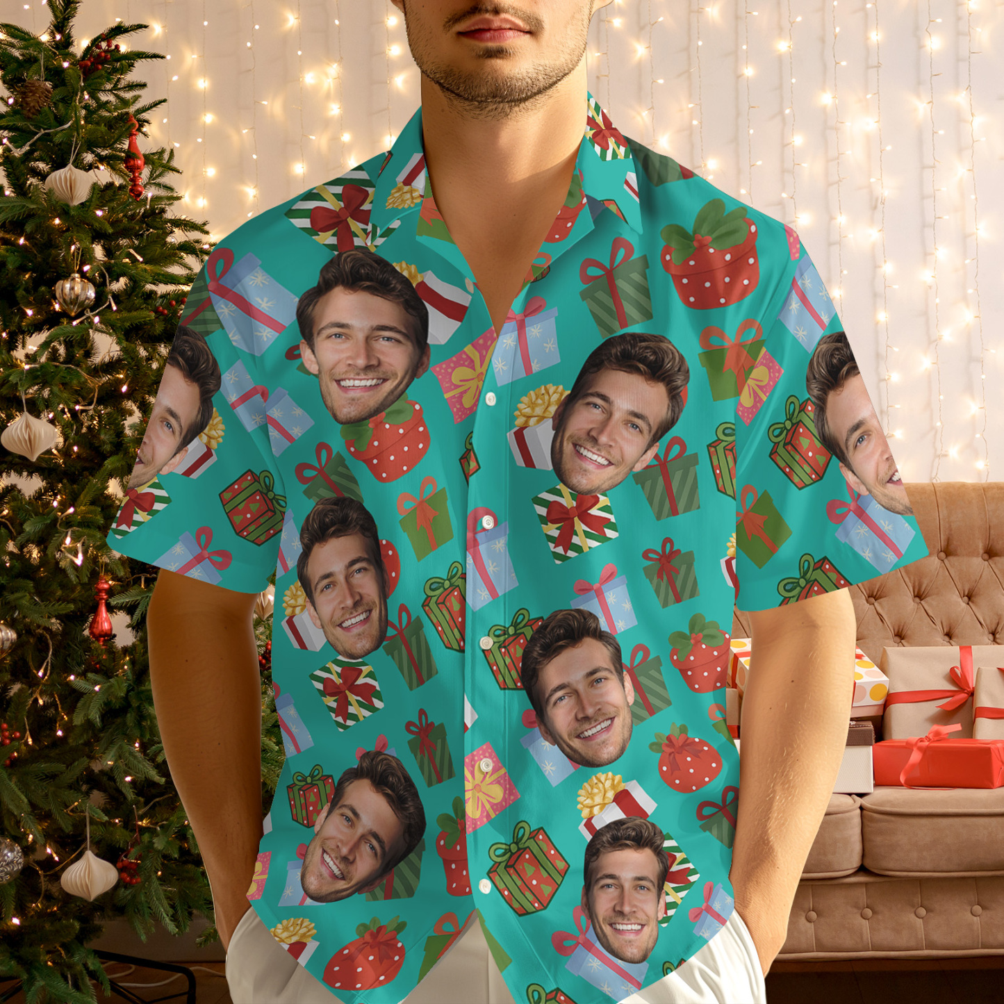 Custom Face Christmas Box Present Hawaiian Shirt Personalized Men Hawaiian Shirt With Face Photo Hawaiian Shirt Christmas Gift - MyFaceSocksAU