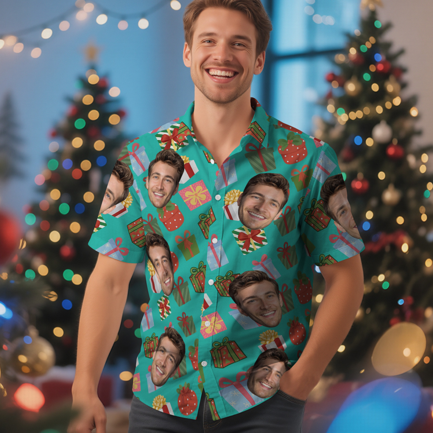 Custom Face Christmas Box Present Hawaiian Shirt Personalized Men Hawaiian Shirt With Face Photo Hawaiian Shirt Christmas Gift - MyFaceSocksAU