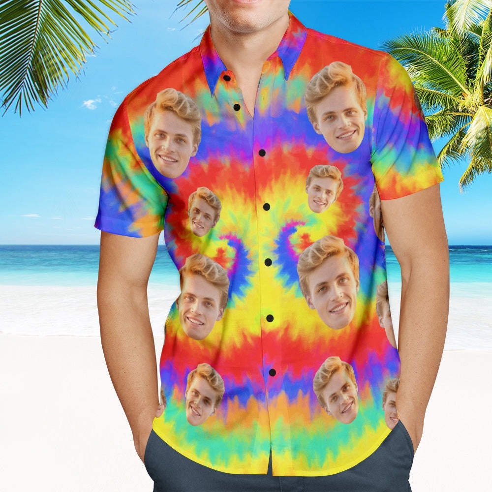 Custom Tie Dye Photo Hawaiian Shirt Beach Vacation Men's Popular All Over Print Hawaiian Beach Shirt Holiday Gift