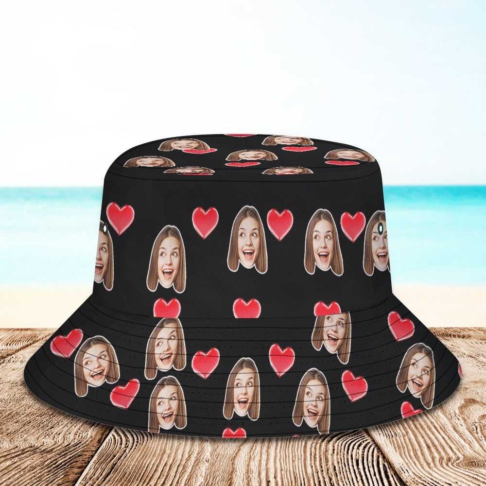 Custom Your Photo Face And Pet Summer Bucket Hat Fisherman Hat - Heart Black