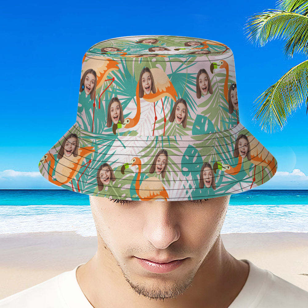 Custom Bucket Hat Unisex Face Bucket Hat Summer Outdoor Flamingos and Leaves Bucket Hat - MyFaceSocksAU