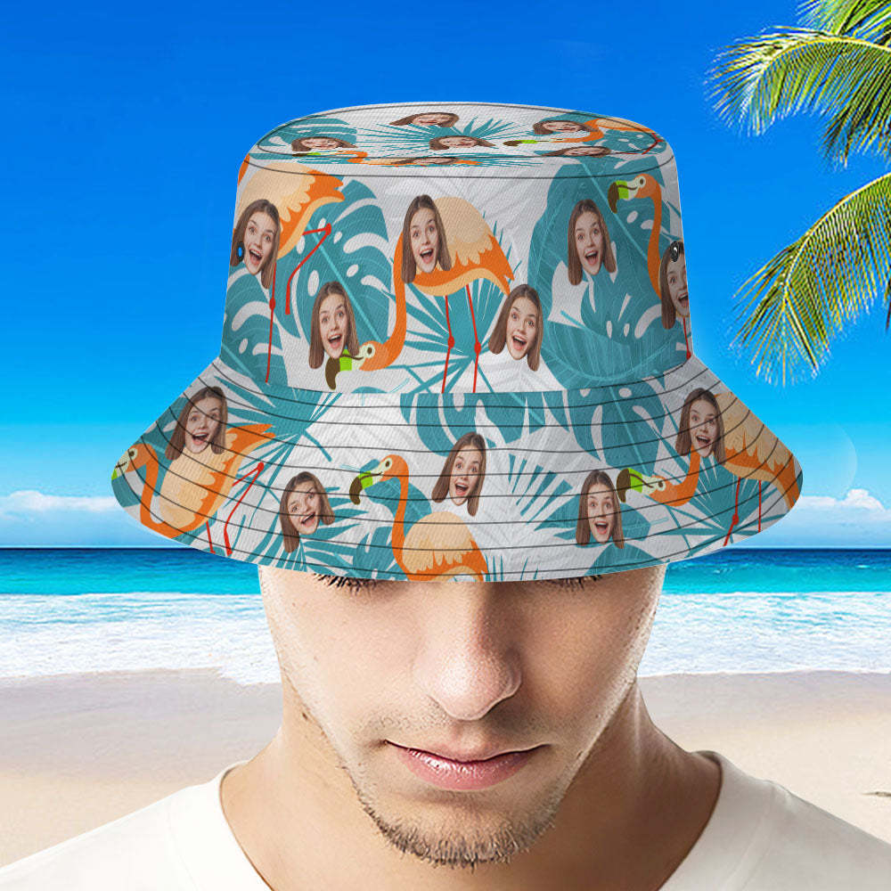 Custom Bucket Hat Unisex Face Bucket Hat Summer Outdoor Flamingos and Blue Leaves Bucket Hat - MyFaceSocksAU