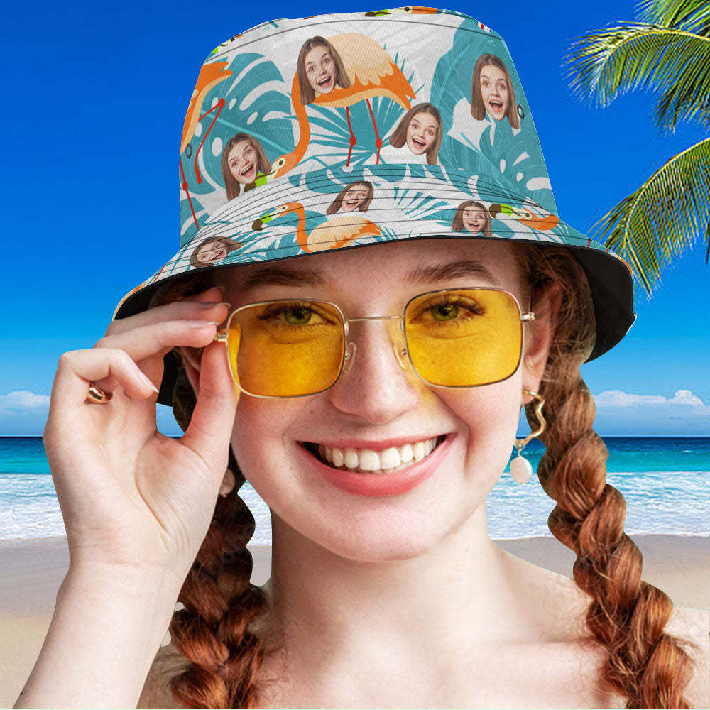 Custom Bucket Hat Unisex Face Bucket Hat Summer Outdoor Flamingos and Blue Leaves Bucket Hat - MyFaceSocksAU